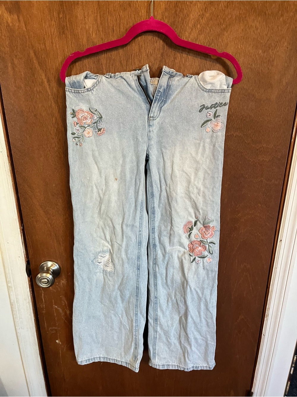 Justice Light Wash Denim Jeans with Pink Floral Embroidery